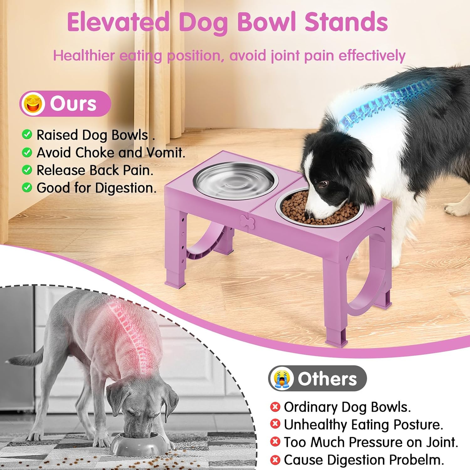 Elevated Dog Bowls for Medium Large Breed Dogs, 4 Height Adjustable Dog Raised Bowls Stand to 9.09", 10.63", 12.20", 13.78", 2 Thick Stainless Steel Dog Food Water Bowls, No Slip Dog Feeder, Pink image number 1