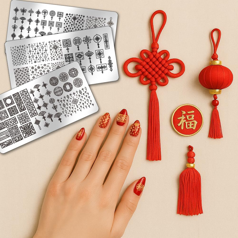 PH Pandahall 3Pcs Chinese Knot Nail Stamp Plate Chinese Style Manicures Art Template Window Lattice Pattern Nail Image Plate Stainless Steel Nails Stamper for Women DIY Manicures Salon Decoration image number 6