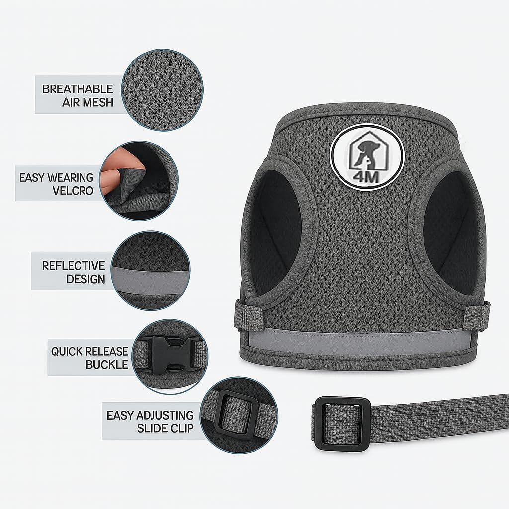 4M Pets No-Pull Reflective Mesh Dog Harness & Leash &ndash; Breathable, Step-In Vest for Small & Medium Dogs (Gray, XL) image number 1