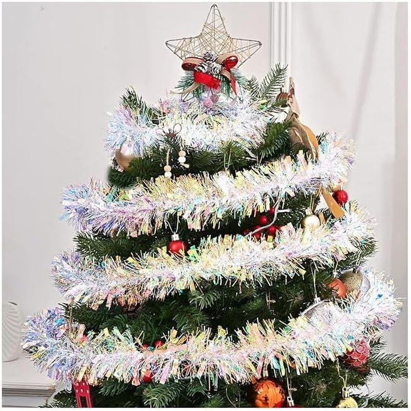 6M Snowflake Christmas Tinsel Garland White Metallic Twisted Hanging Garland with Star for Chistmas Tree Fireplace Home Decoration (3), 231208 image number 4