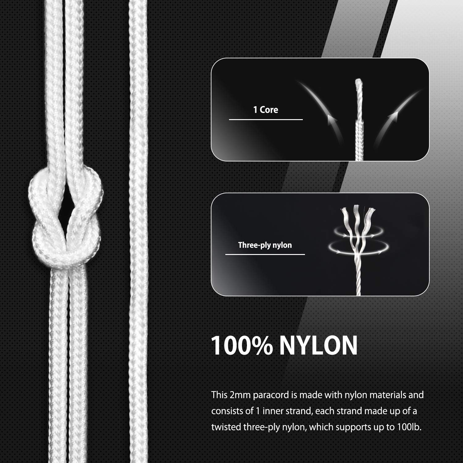 Abma Cord Paracord 2Mm 30M 100% Nylon Rope 1 Strand Type I Parachute Cord - Max. 45Kg (100Lbs) - White - Golden Yellow image number 3