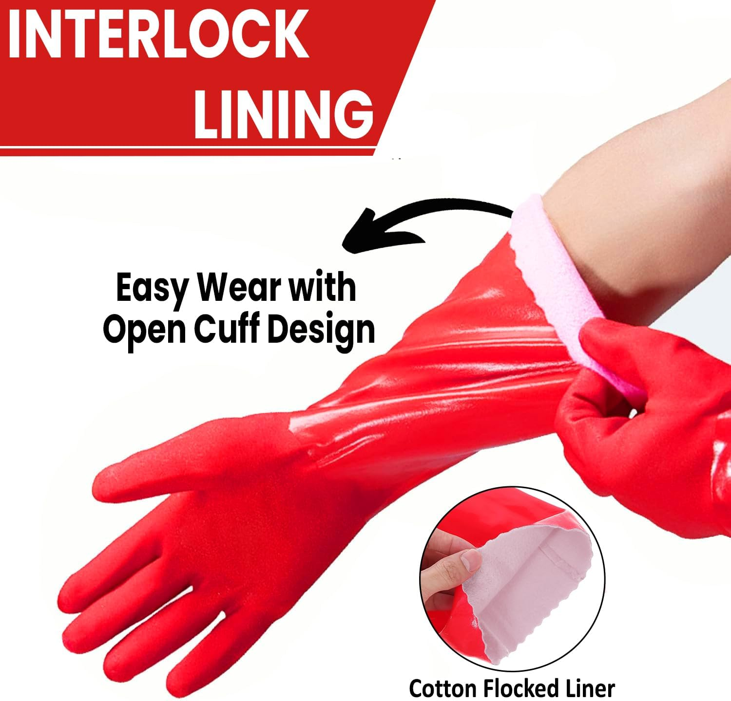 OZBEE 3 Pairs Long PVC Kitchen Cleaning Gloves Dishwashing Household Cleaning Gloves with Cotton Lining Non Slip Waterproof for Safety Purpose | Reusable for Household Use | 45 Cm