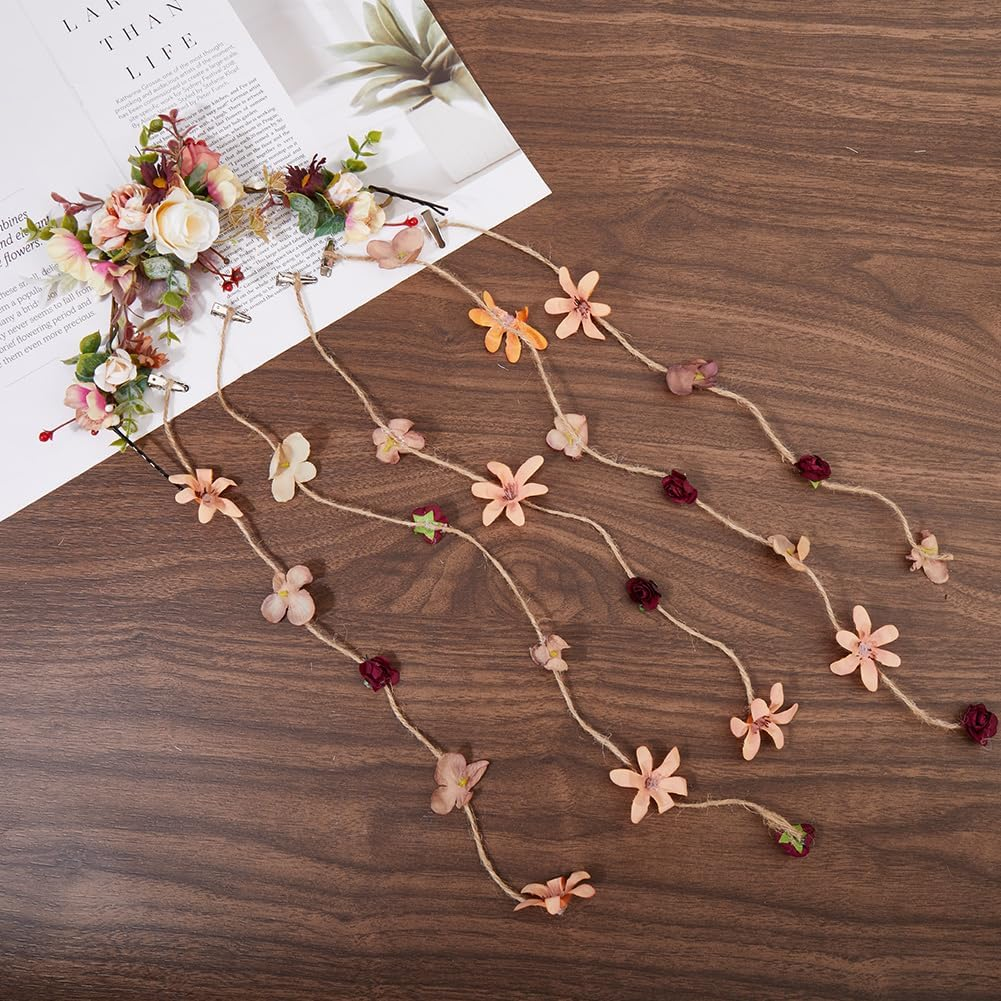 CABODYALS Flower Hairband Bride Imitation Flowers Headband Bohemian Style Mixed Color Headdress Floral Crown Vine Rustic Style Wreath Tassel Headbands for Women Wedding Party Photos Costume Head Decor image number 5