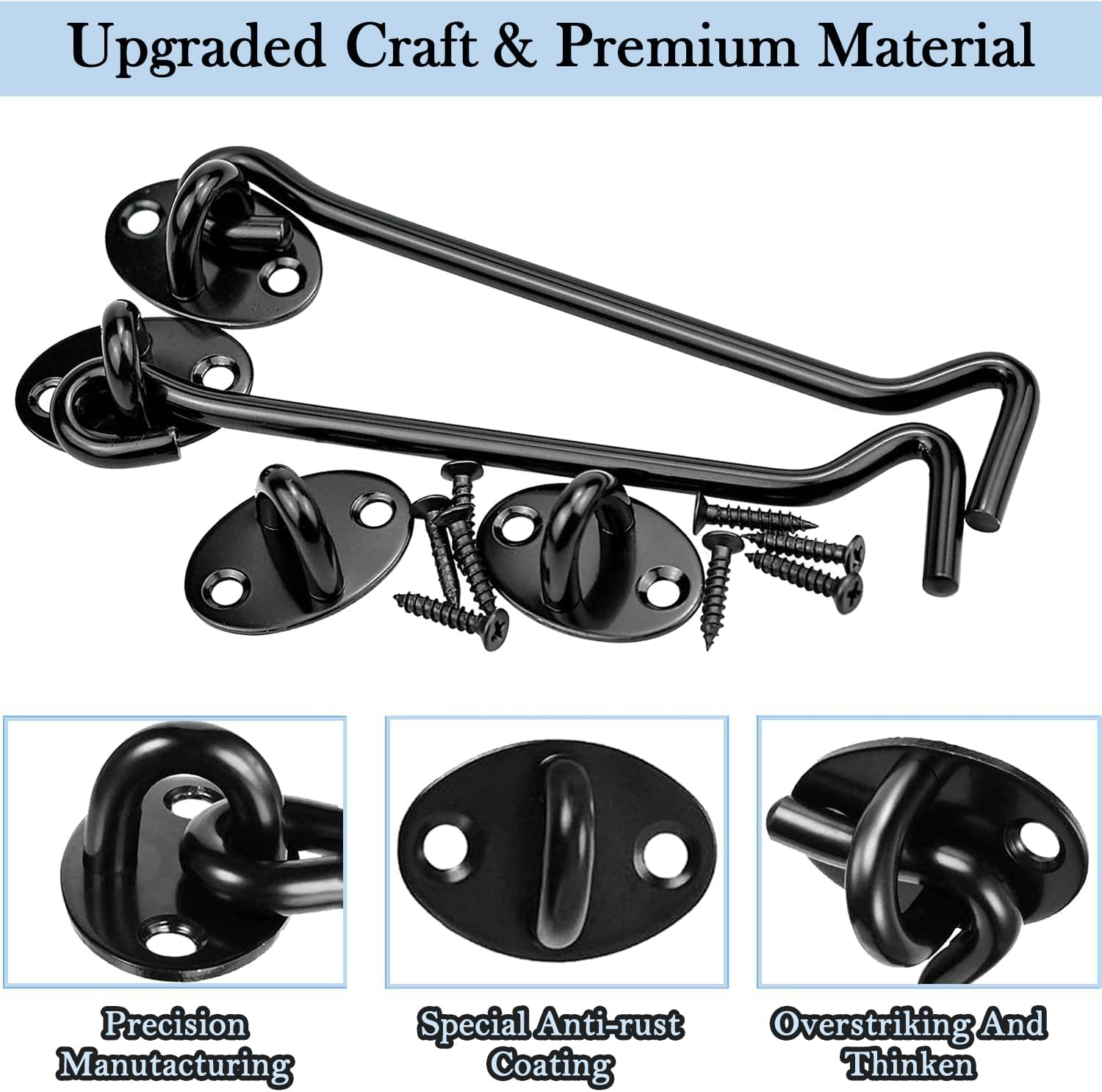 2PCS Barn Door Hook Lock, Gate Door Hook and Eye Latch, Cabin Hooks and Eye Latch Lock Cabinet Latche, Swivel Window Hook for Sliding Door Bedroom Bathroom Windows Gates Black, 6 Inch