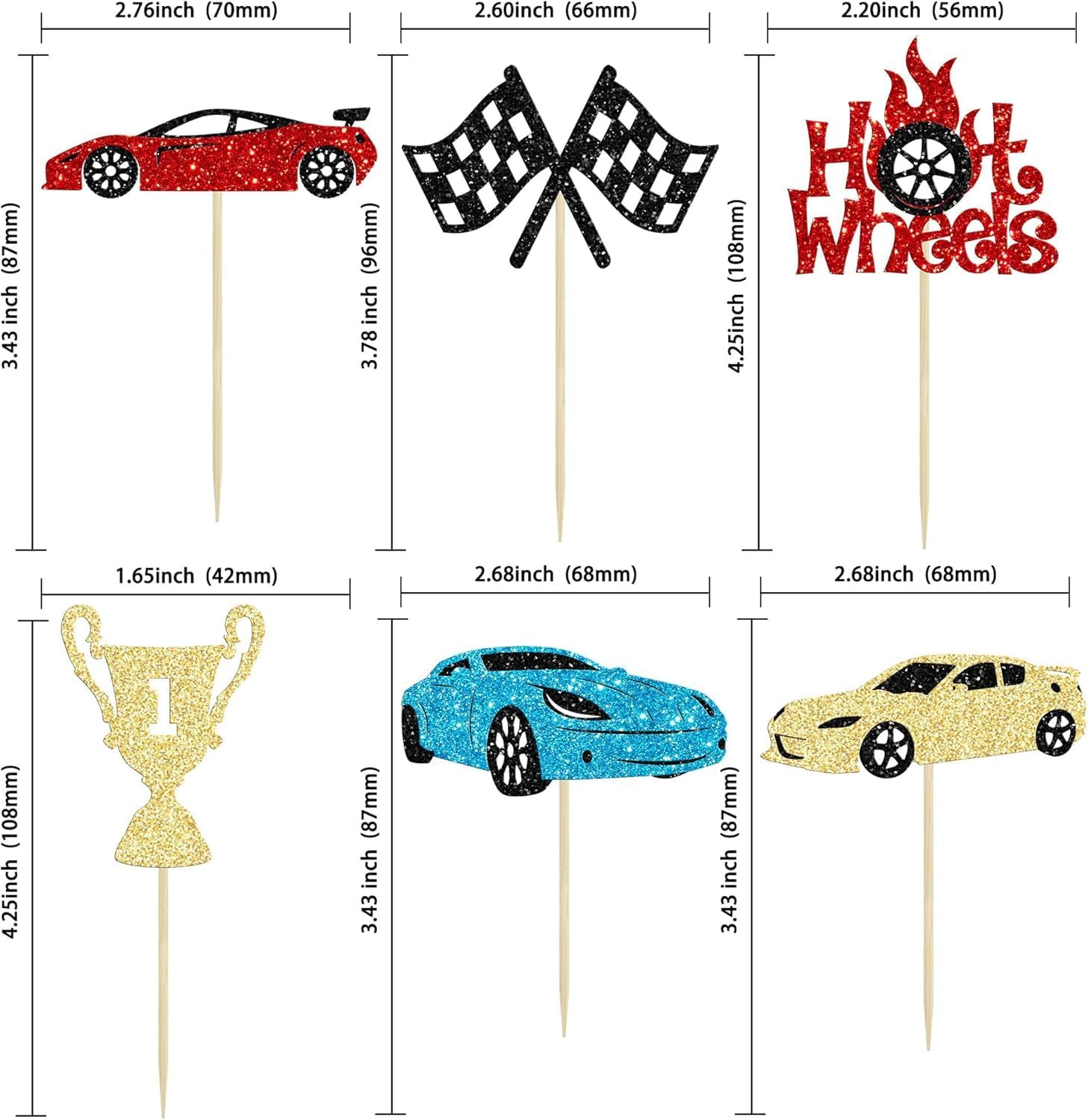 Confetti! 24Pcs Race Car Cupcake Toppers Glitter Traffic Light Steering Wheel Trophy Flag Racing Car Cupcake Pick Decorations for Let'S Go Racing Sports Theme Birthday Party & Baby Shower image number 4