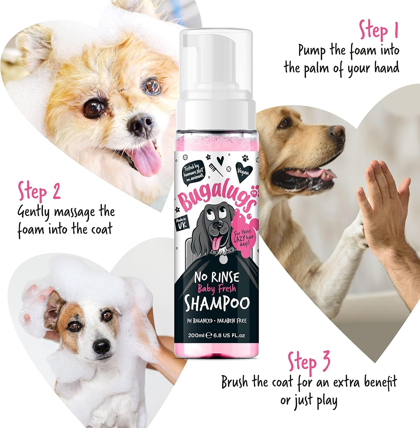 BUGALUGS No Rinse Baby Powder Dog Shampoo &ndash; Coat Dry Shampoo Quick Dog Bath for Dogs Itchy Skin Relief. Puppy Professional Groom Baby Powder Spray Foam (No 200Ml) Pink (BSNRBF200) image number 4