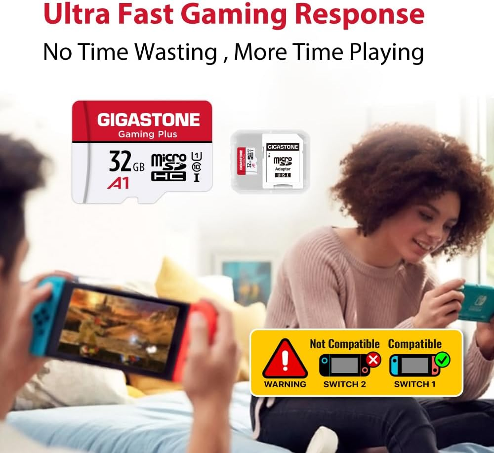 [Gigastone] Micro SD Card 32GB, Gaming Plus, Microsdhc Memory Card for Nintendo-Switch, Smartpone, Roku, Full HD Video Recording, UHS-I U1 A1 Class 10, up to 90Mb/S, with Microsd to SD Adapter image number 1