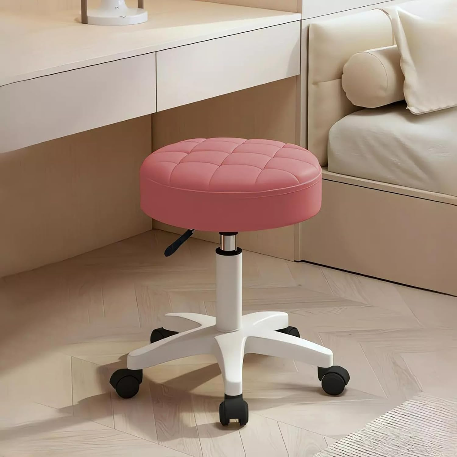 Adjustable Rolling Stool with Quilted Cushion Seat, Elevatable Base, 360&deg; Swivel A173 (E Pink)