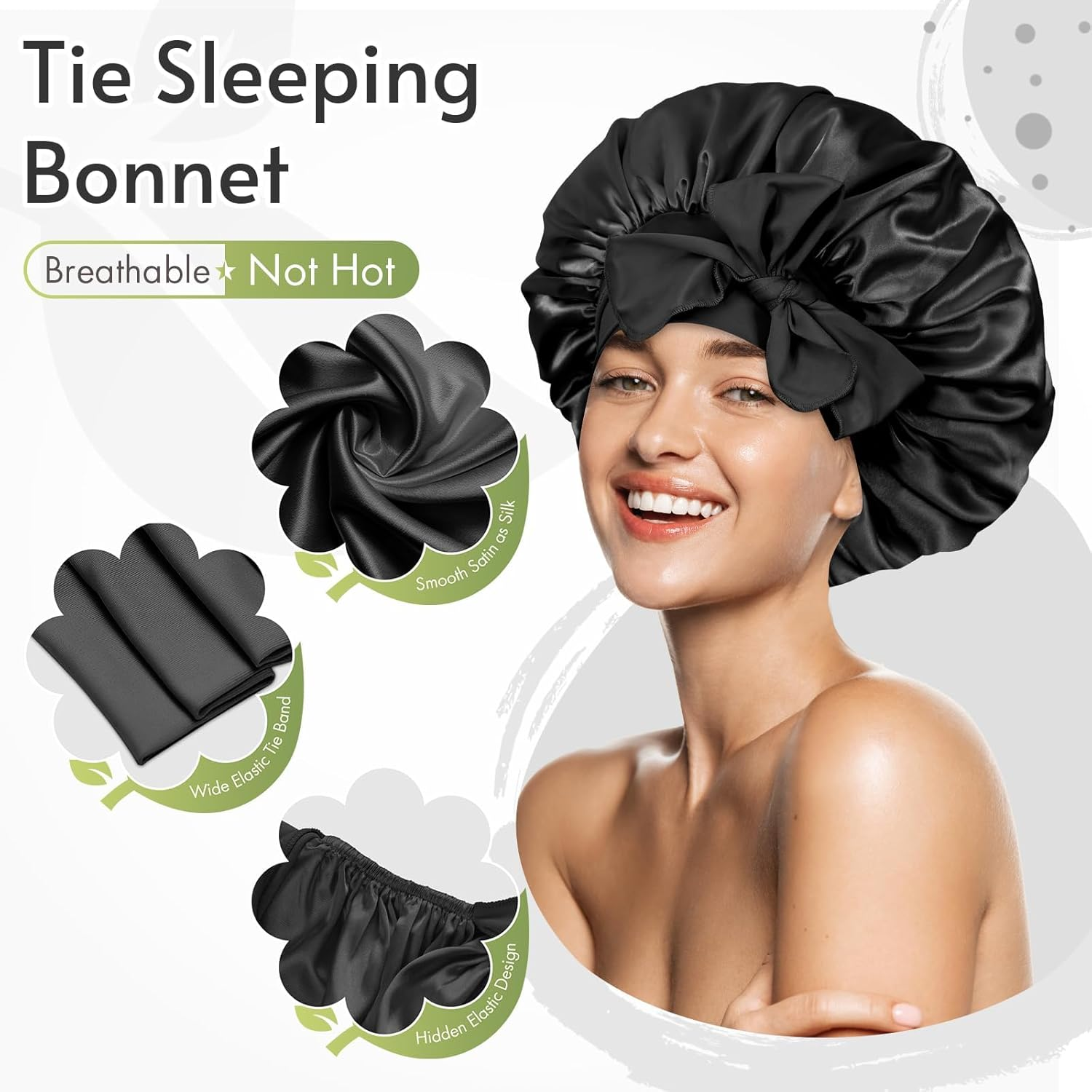 Satin Bonnet Silk Bonnets for Sleeping Double Layer Satin Lined Hair Bonnet with Tie Band Curly Hair Black image number 2