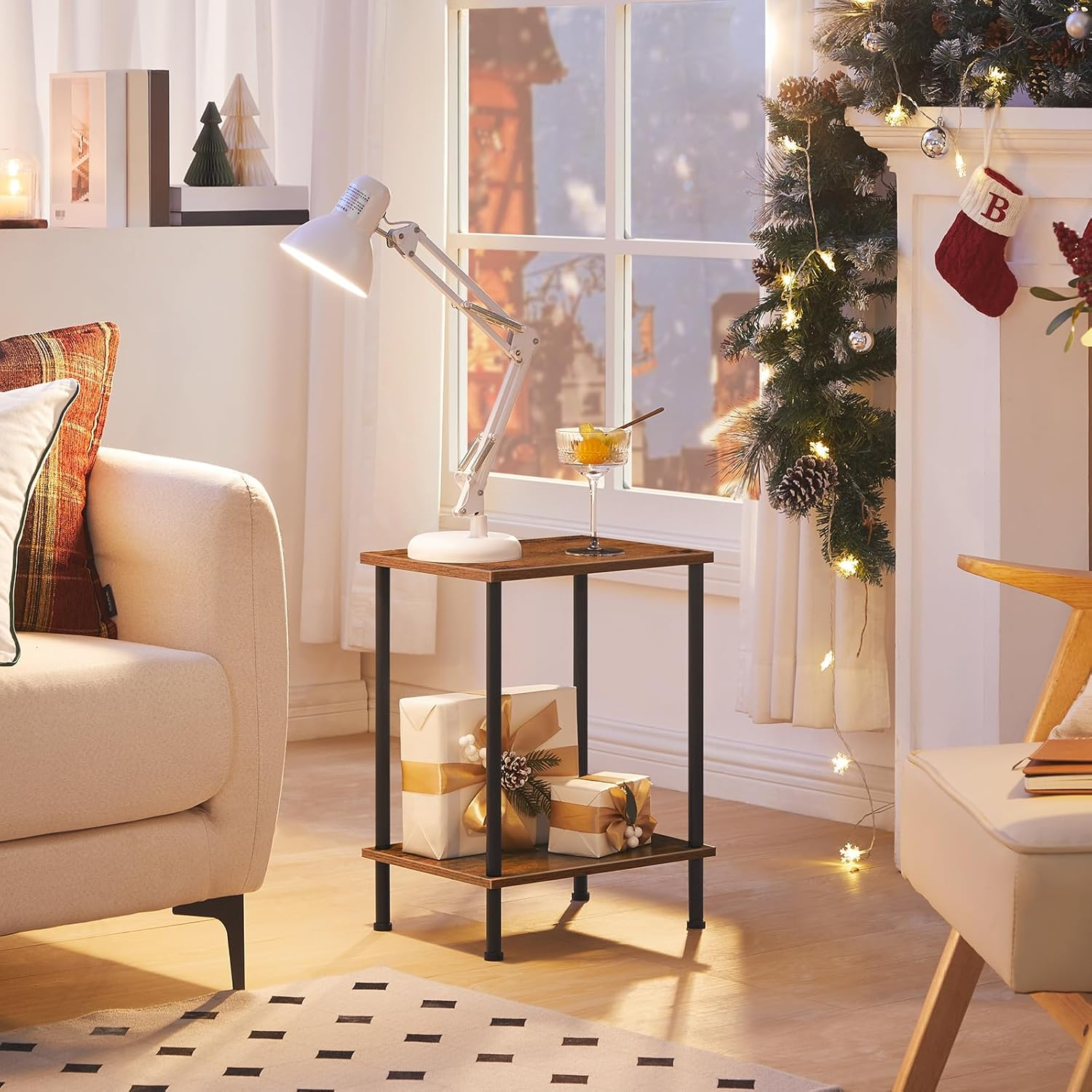 HOOBRO End Table, Side Table with 2-Layer Storage Shelves, Nightstand for Small Spaces, Living Room, Entryway, Farmhouse Industrial Style, Stable Frame, Easy Assembly, Rustic Brown, Black BF09BZ01 image number 5