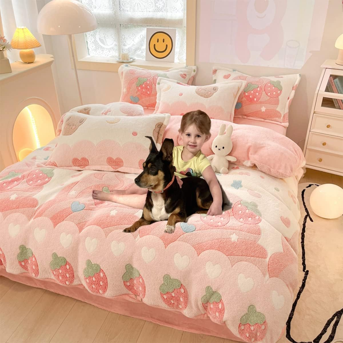 Pink Strawberry Duvet Cover Set Fluffy Duvet Cover Kawaii Cartoon Comforter Cover Soft Kids Duvet Cover Queen Bedding Set (Strawberry, Queen) image number 3