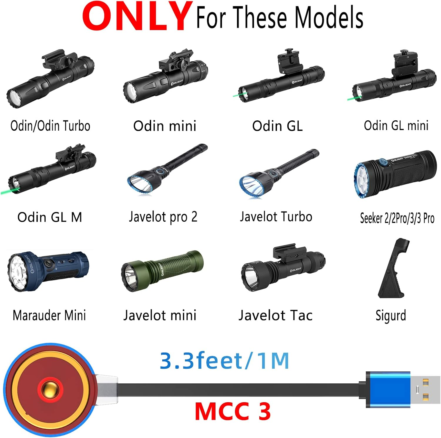 MCC 3 Magnetic Charger Compatible with Olight Odin Series, Olantern Series, Perun, Perun 2, Javelot, Marauder Mini, Seeker 3 Pro, Warrior Series, Baton S2R, Baton 3 Pro/Max, 3.3 FT/1M image number 4