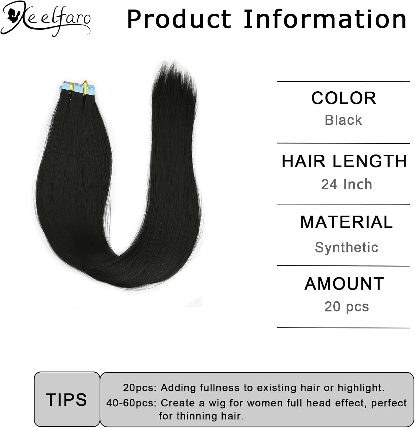 Xeelfaro Black Tape in Hair Extensions 24Inch Straight Synthetic Hair for Women 20Pcs for Natural-Looking Volume (Black, 24Inch) - Black image number 2