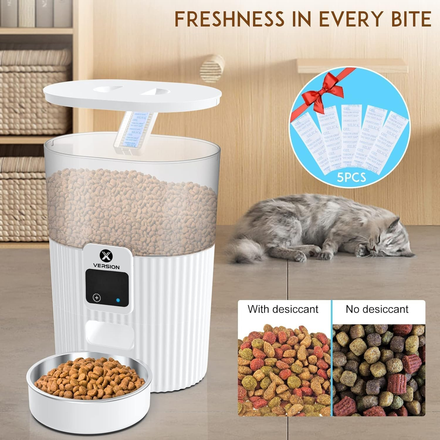 Xversion Automatic Cat Feeders with APP: Wifi Pet Food Dispenser for Cat & Small Dog, Smart Timed Auto Pet Feeder, Portion Control- Battery and Plug-In Power up to 10 Meals per Day (15 Cup) - White image number 4