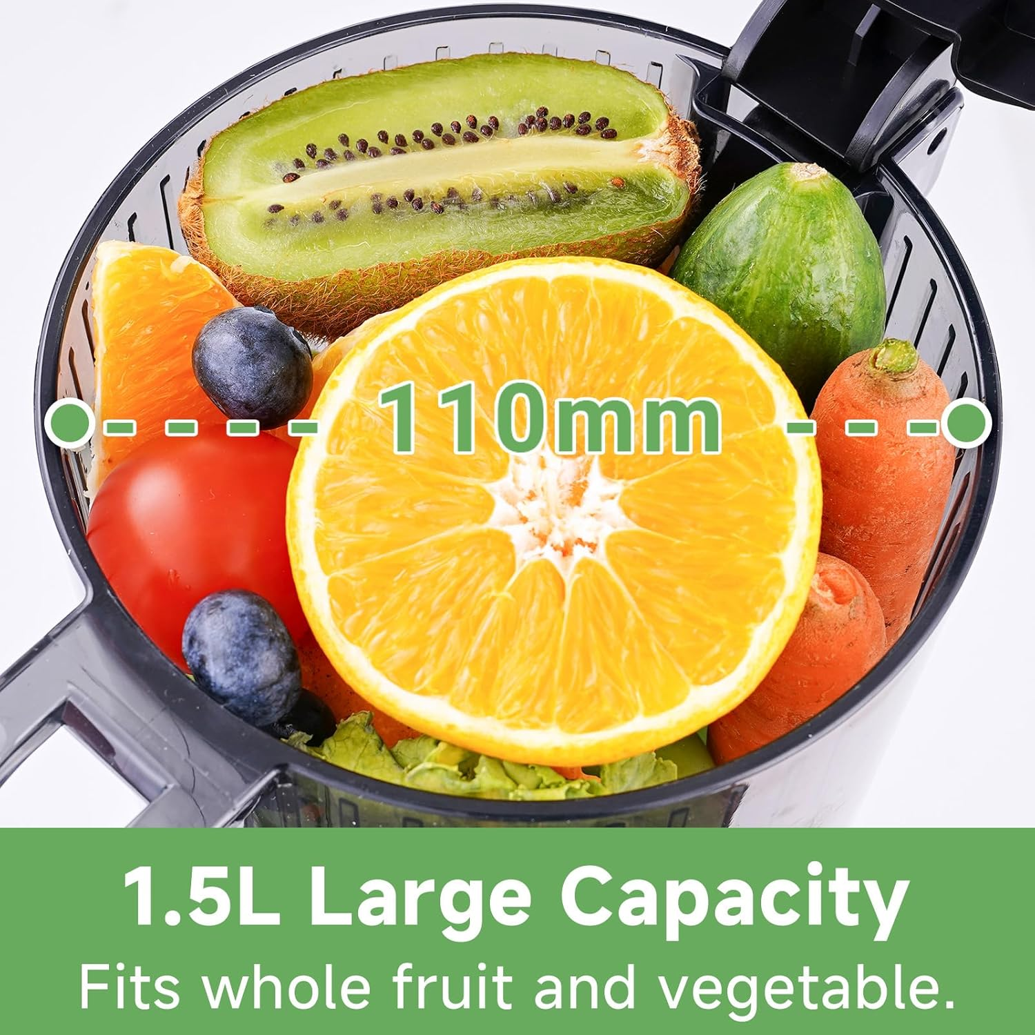 AMZCHEF Cold Press Slow Juicer with 1.5L and 110Mm Feeding Chute for Whole Fruits and Vegetables, Masticating Juicer Machine with High Juice Yield and Reverse Function, Easy to Clean, Bpa-Free image number 3