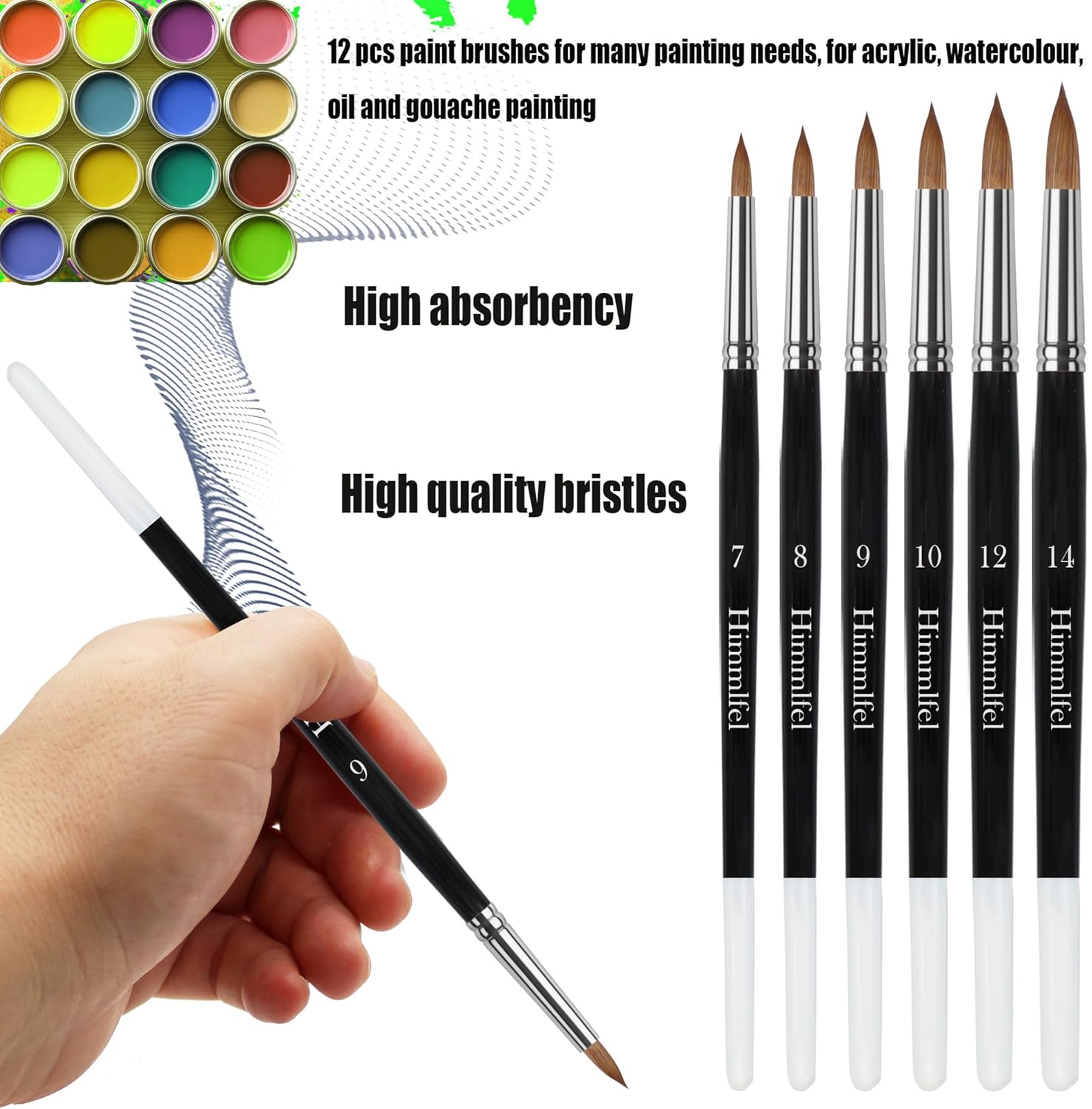 Himmlfel round Pointed Tip Paint Brush Set, 12 Pcs round Pointed Tip Paint Brushes for Painting Details, Thin to Thick Lines and More, for Acrylic, Watercolour, Oil and Gouache Painting image number 2