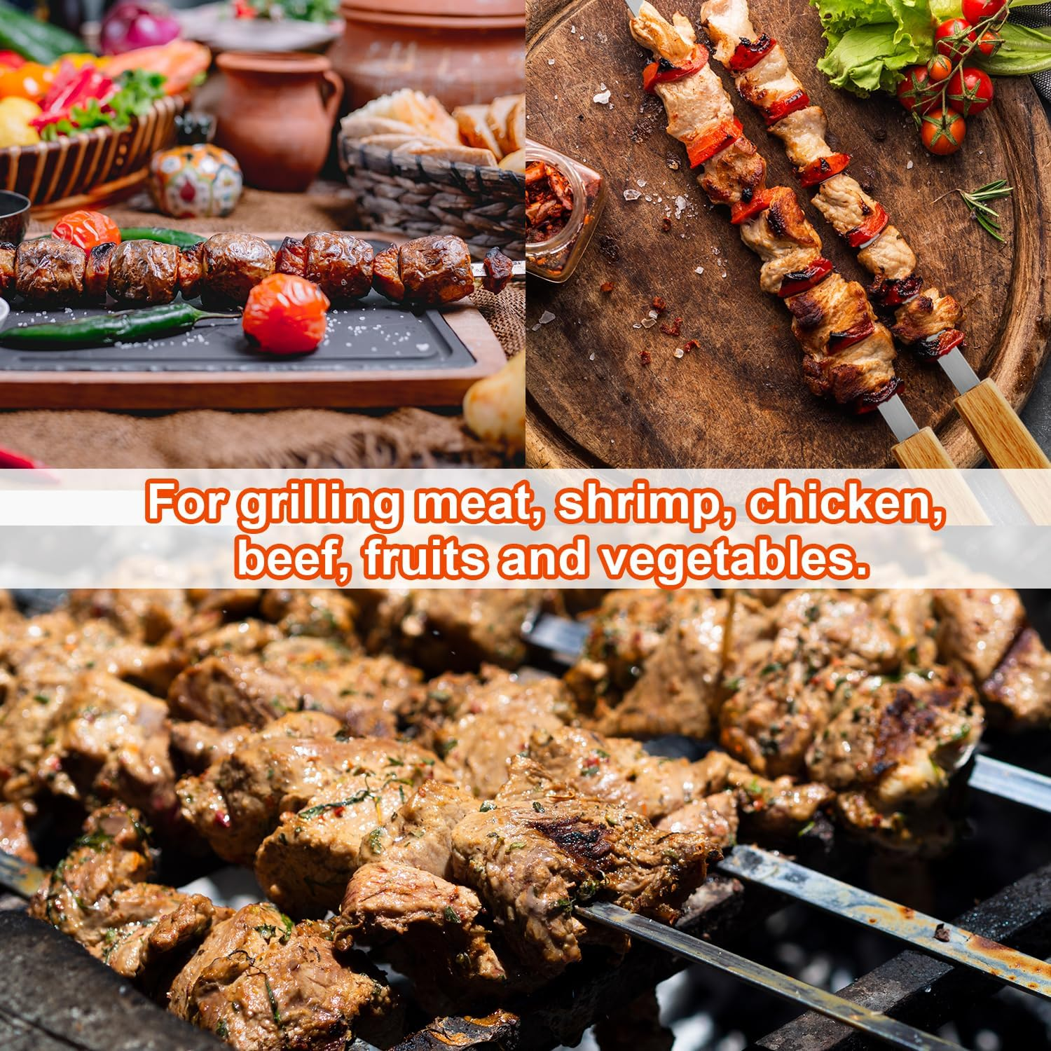 Professional Kabob Skewers, 23 Inch Heavy Duty Large Wide Reusable BBQ Barbecue Skewers, Stainless Steel Sticks with Nonslip Wooden (Flat-12 Pcs) - Flat-12 Pcs image number 3