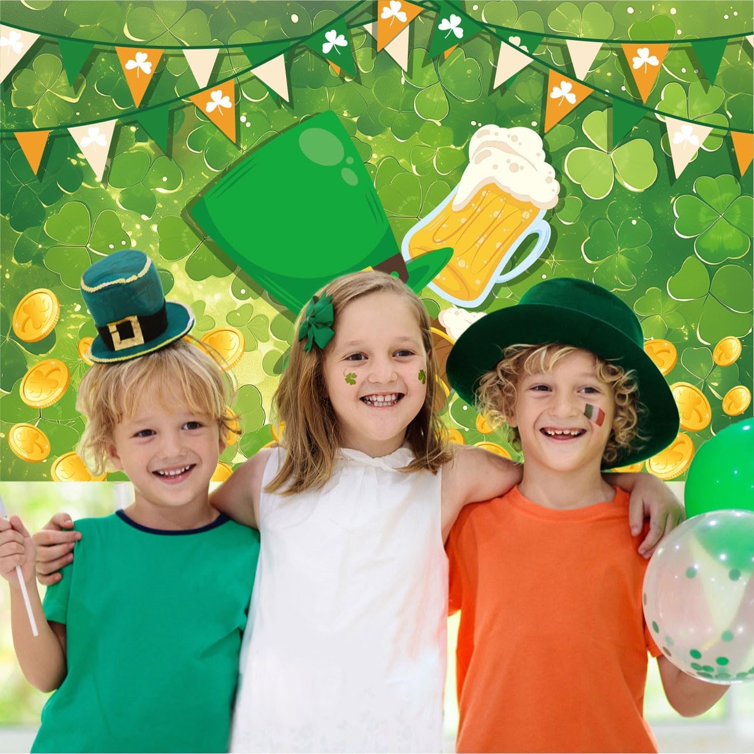 St. Patrick'S Day Backdrop, Happy St. Patrick'S Day Decorations Spring Photography Backdrop Photo Props Lucky Irish Hats Gold Coins Shamrocks Backdrop for Birthday Holiday Party Supplies image number 1