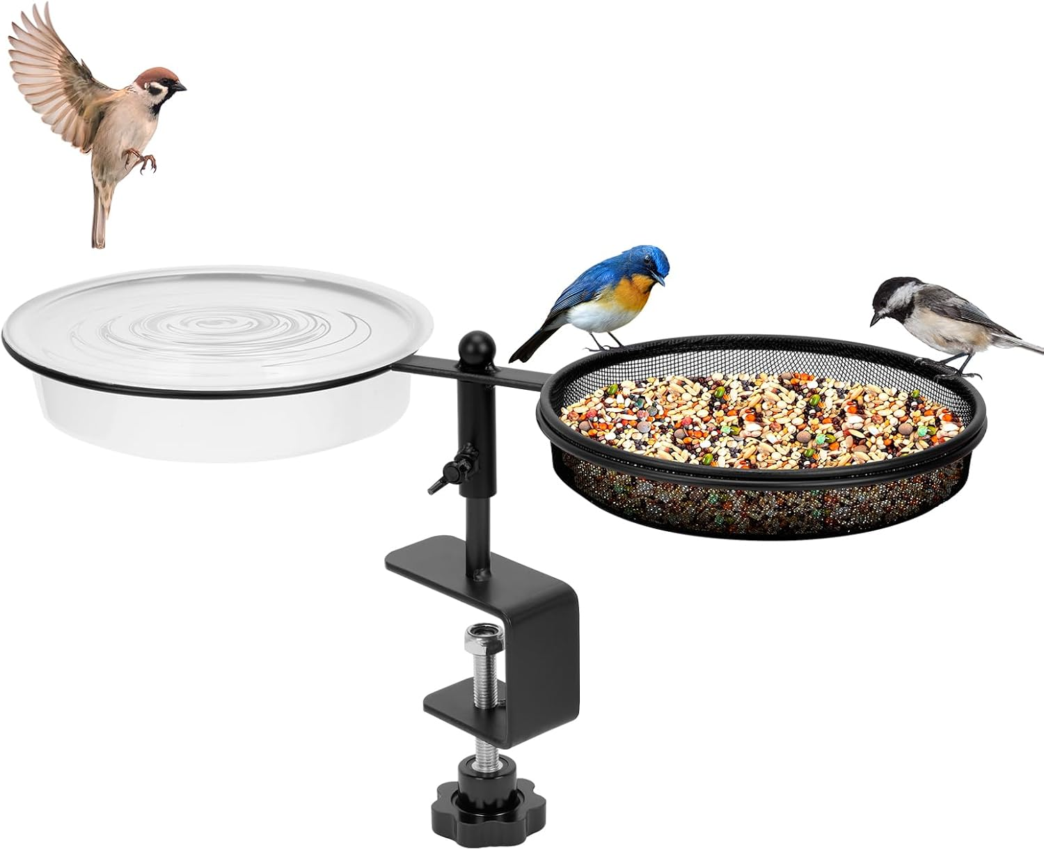 Mosegor 2 in 1 Bird Feeder Deck Mount, Bird Feeding Stand Detachable Bowl Wild Bird Water Food Container Station for Garden Yard Outdoor Balcony Decoration (Round2)