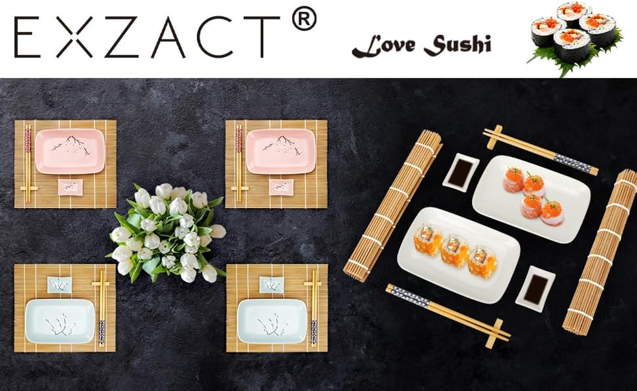 Exzact Sushi Plate Set 10Pcs - 2 X Sushi Plates, 2 X Dip Bowls, 2 X Placemats, 2 X Chopsticks Rests, 2 Pairs of Chopsticks - Highquality Porcelain - Gift Box - Pink image number 1