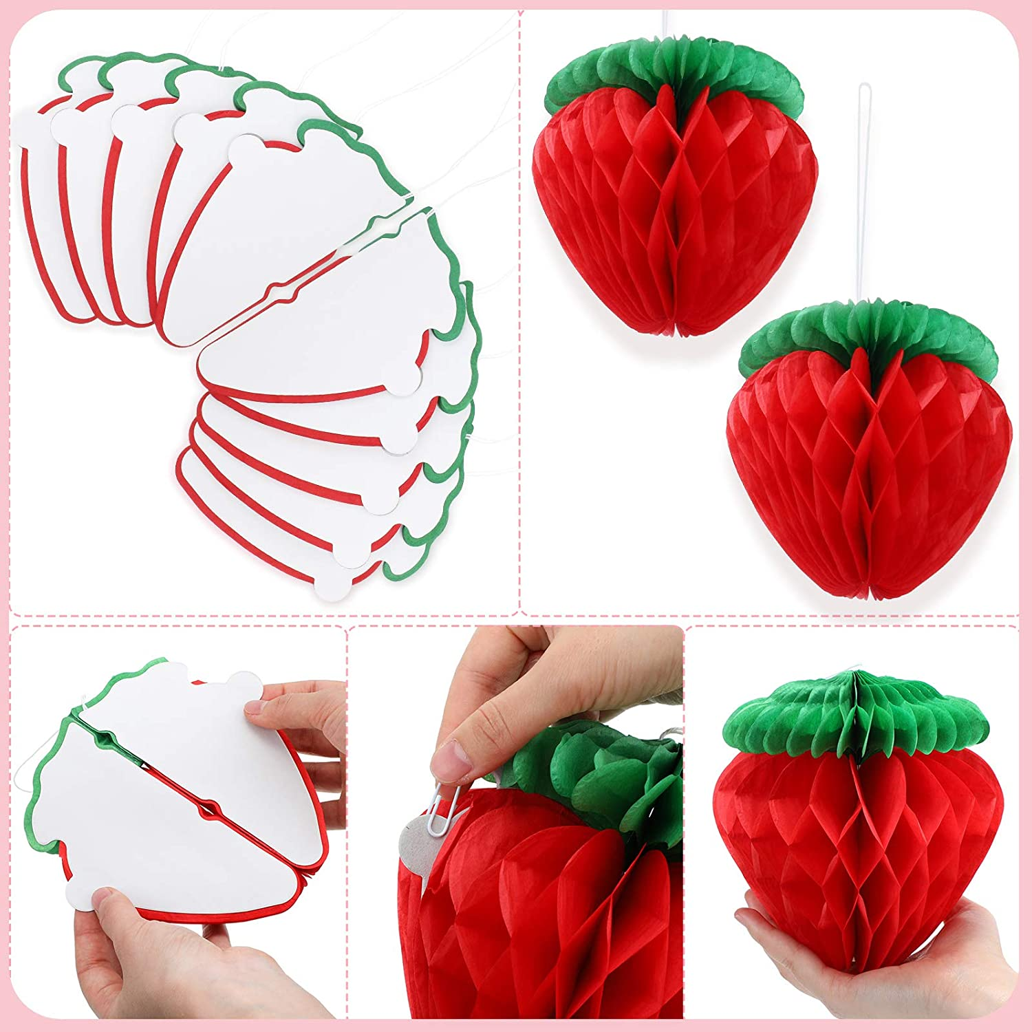 Skylety 10 Pieces 6 Inch Paper Strawberry Honeycomb Ball Tissue Paper Strawberry Ball for Birthday Party Decoration(Red) - Red image number 4