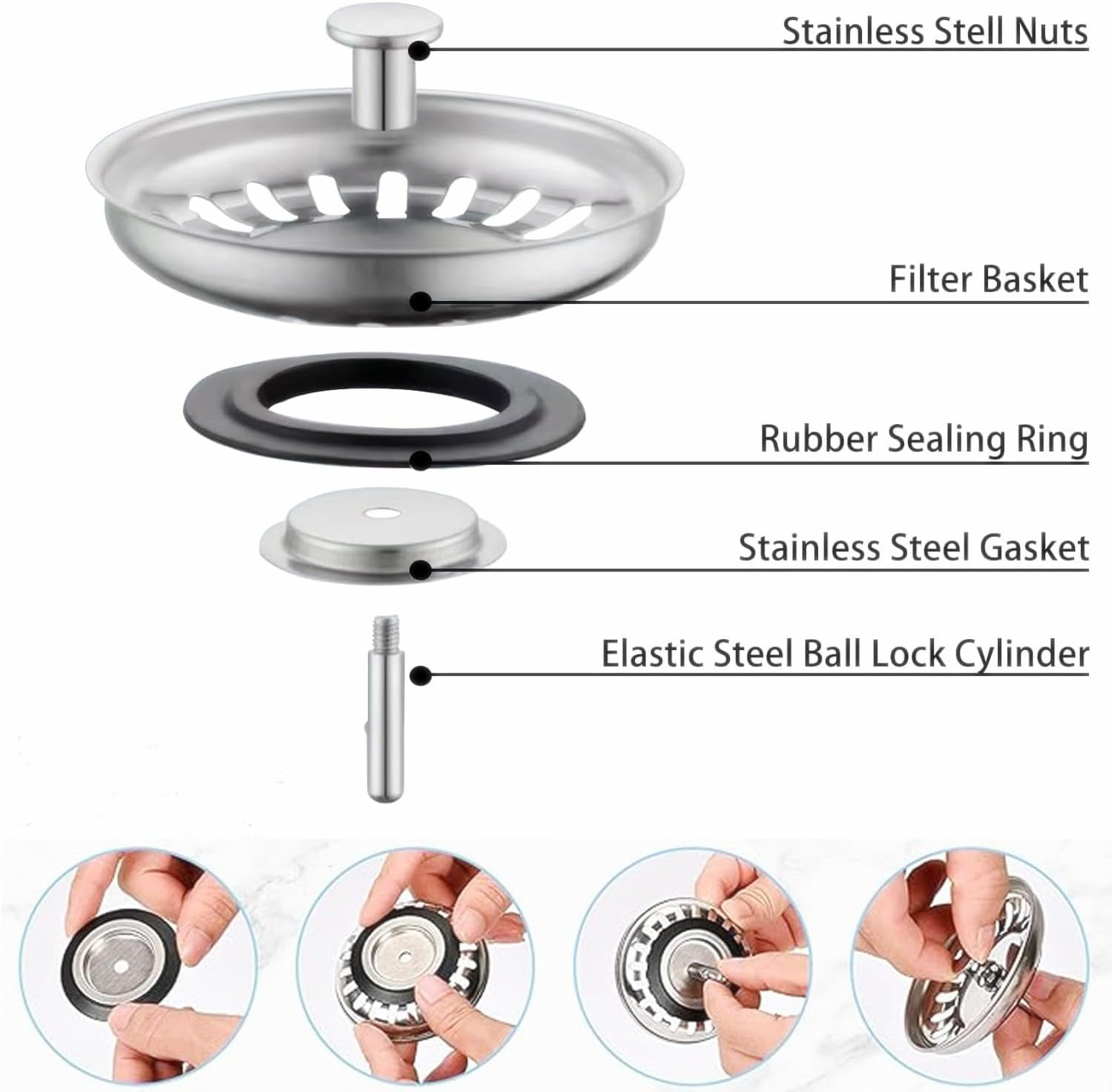 2 Pcs Kitchen Sink Strainer,Sink Drain Stopper,Stainless Steel Kitchen Sink Stopper, Clog-Free, Bathroom and Washroom Hair Catcher Sink Plug image number 6