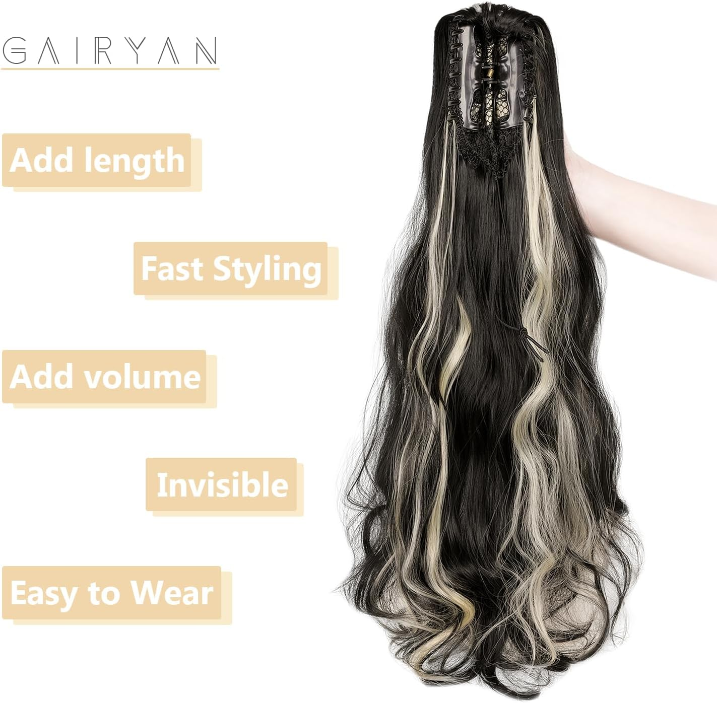 Gairyan 20Inch Ponytail Extension Clip in Ponytail Hair Extensions Curly Wavy Pony Tails Claw on Ponytail Long Wave Synthetic Hairpieces for Women Soft Real Look (Natural Black & Bleach Blonde) image number 1