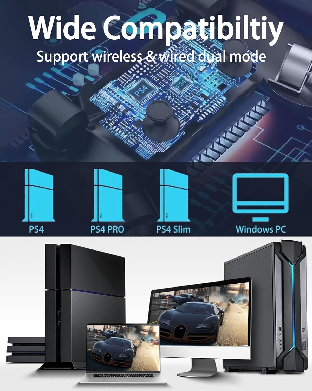 Wireless Controller for Ps-4,Compatible with P-S4/Pro/Slim/Pc Bluetooth Controller,Dual Vibration,Touch Panel, 3.5Mm Audio Jack,Six-Axis Joystick(Black) image number 1