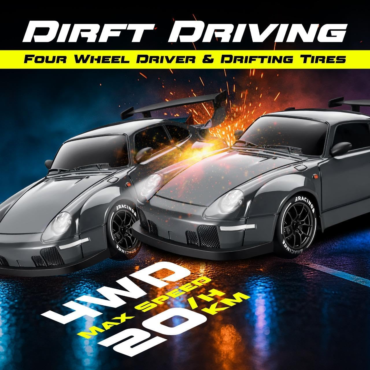 Yakts Premium RC Drift Car, 1:24 Remote Control Car with LED Lights, 20KM/H 4WD High Speed RC Car, Two Batteries, Extra Drifting Tires, Enjoyment Vehicle for Adults Boys Girls and Kids image number 2