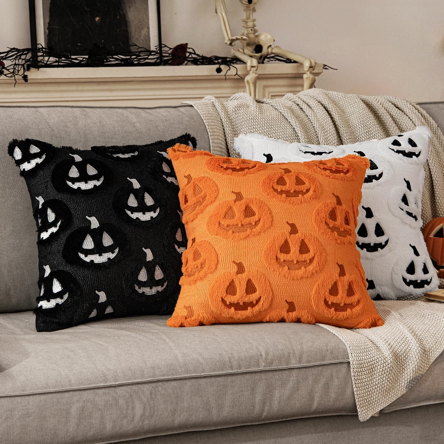 Pillow Covers: 2 Fall Pumpkin Throw Pillow Covers. Soft Plush, Pumpkin-Themed&mdash;Ideal for Autumn, Halloween/Thanksgiving Decor; Fits Home, Patio, Sofa, Couch(17.7&times;17.7In, Black) image number 1