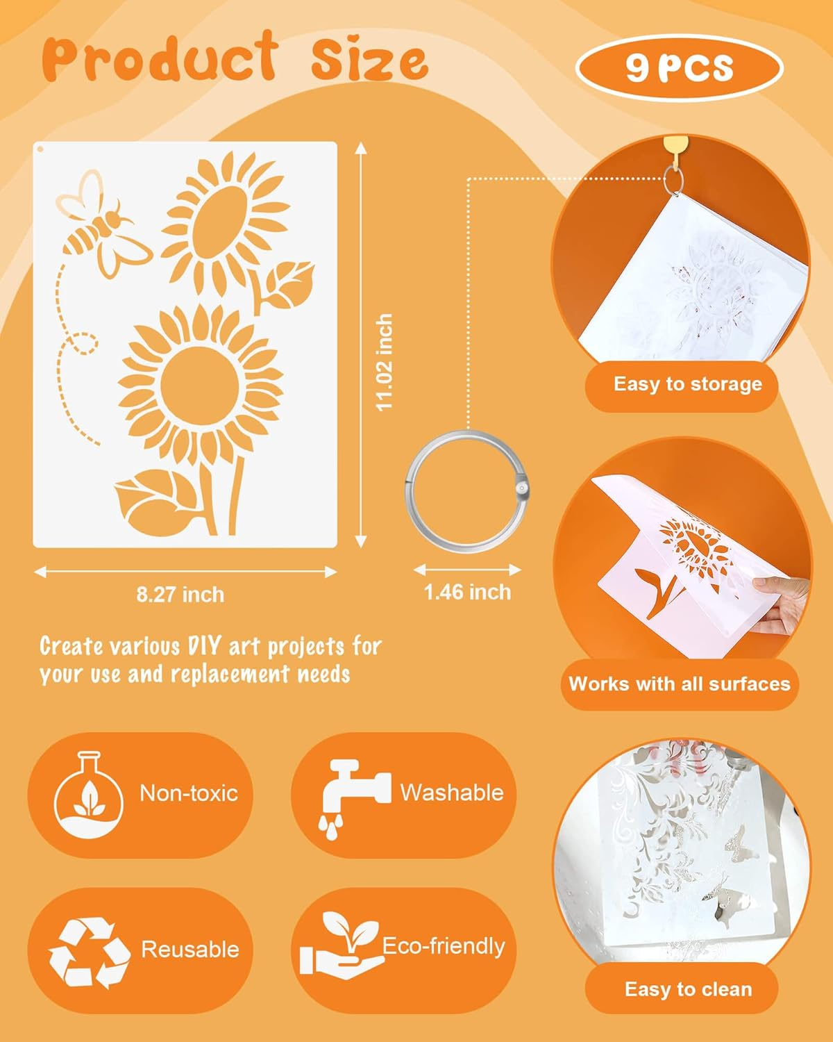 9PCS Sunflower Butterflies Stencils, Reusable PET Sun Flower Template, DIY Craft Paint Stencil with Metal Open Ring, for Painting on Wood Canvas Paper Fabric Wall Furniture, 8X11 Inches image number 6