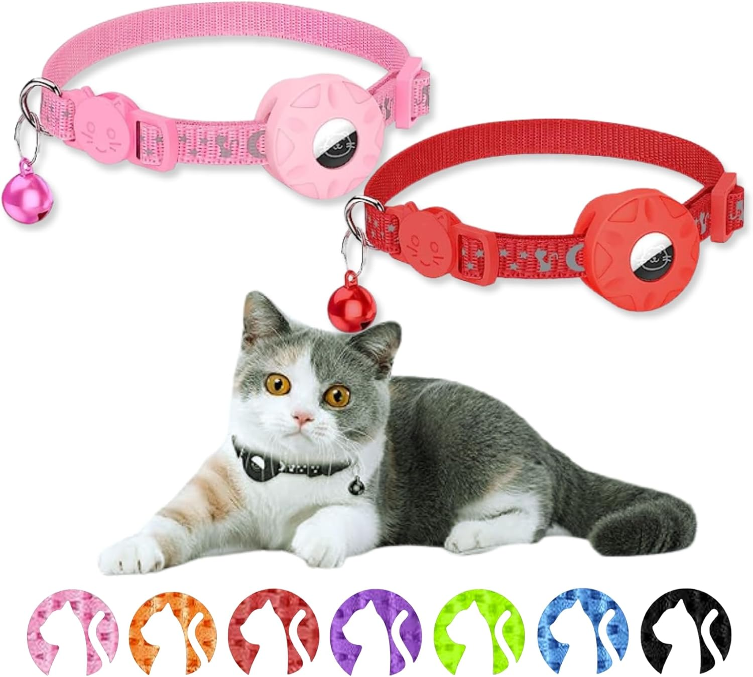 Airtag Cat Collar Adjustable Safety Buckle Bell Night Reflective with Apple Air Tag Holder Sturdy Durable Suitable for Cats Dogs (Black & Red) - Blue  Red image number 6
