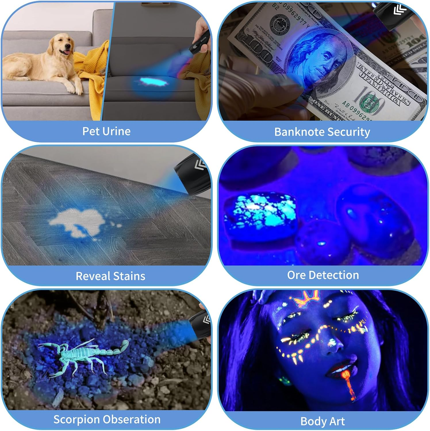 Kunhe 2Pack Mini UV 365Nm Flashlight 3W Rechargeable Powerful UV Flashlight for Hotel Cleaning Pet Stain Detection Scorpion Seeking Mineral Identification Resin Curing image number 5