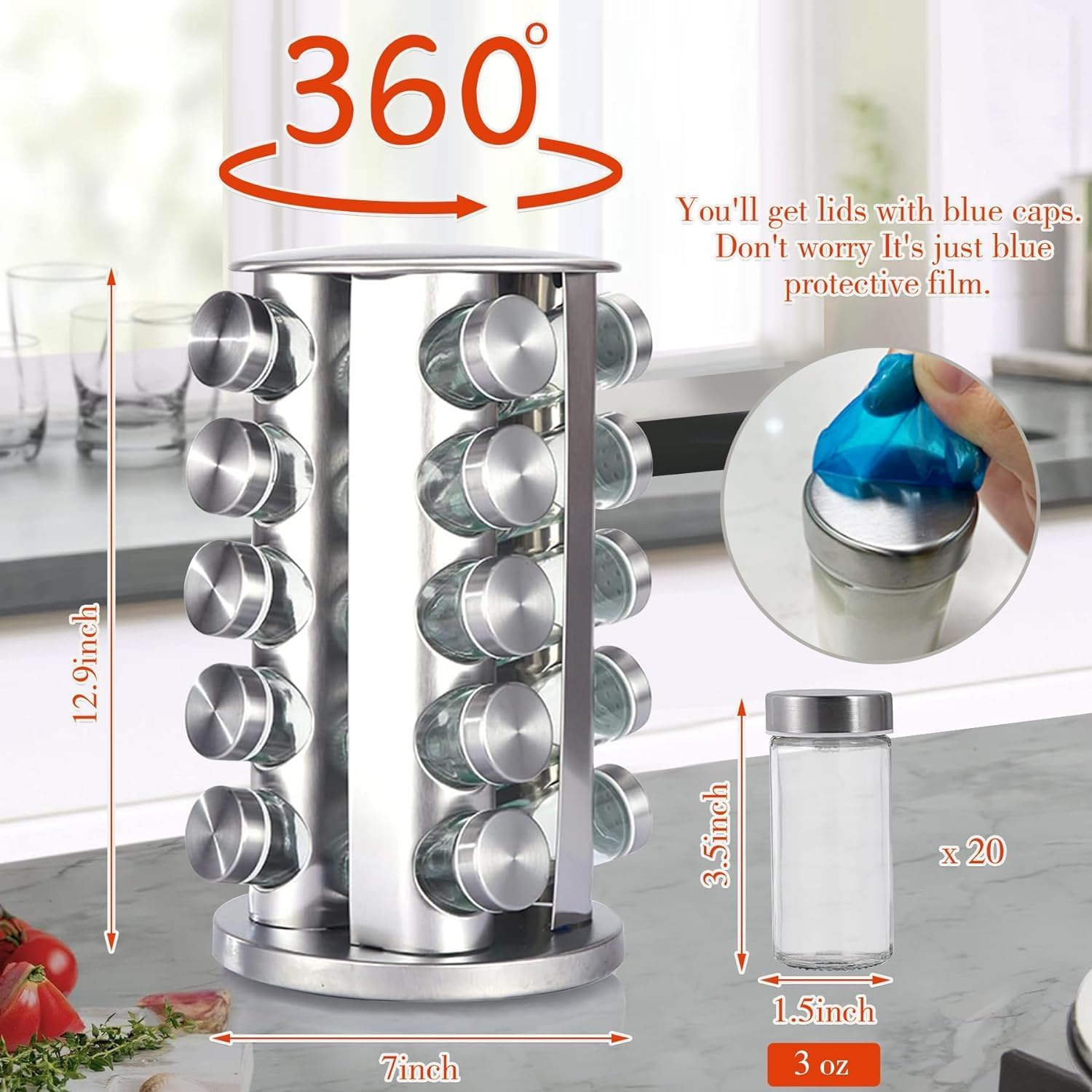 Uvwey Revolving Spice Rack with 20 Jars,Polished Stainless Steel with Black Caps, Stainless Steel Spice Carousel for Kitchen Countertop, Cabinet image number 1