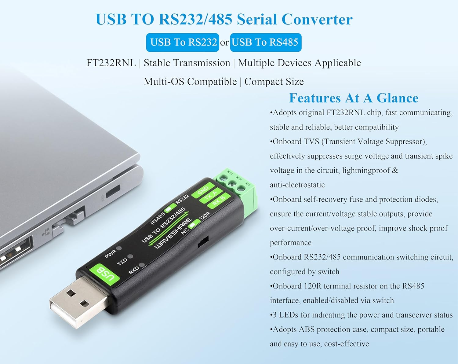 USB to RS485/RS232 Serial Converter Board, Onboard Original FT232RNL Chip Fast Stable Transmission,Multiple Devices Applicable, Compatible with Mac, Linux,Android, Windows 11/10/ 8.1/ 8/ 7, Etc.