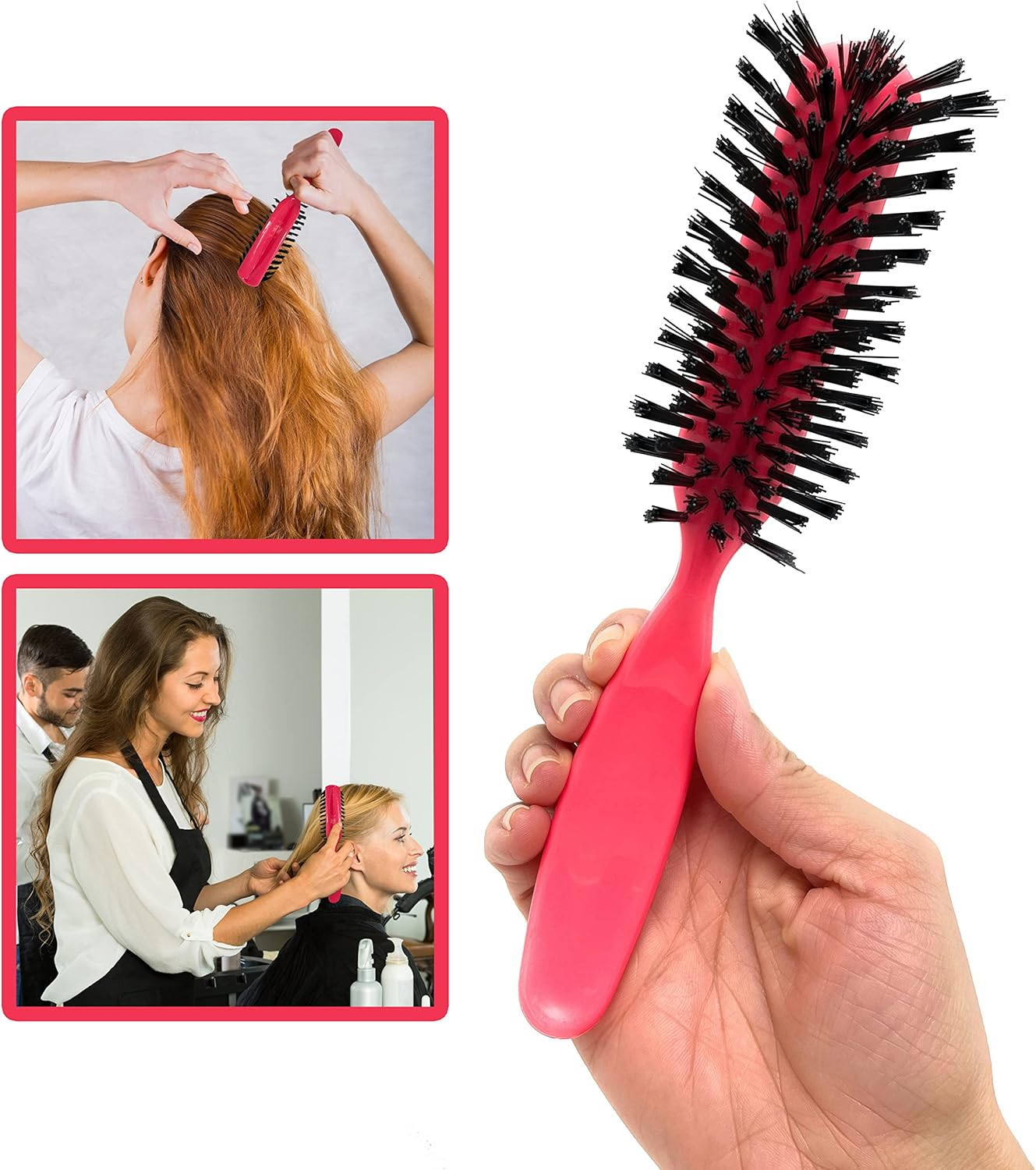 Styling Gear Detangling Hair Brush Nylon Bristles 7 Row Teasing Womens Brush for Thick Hair Small Travel Hairbrush Brush for Hair 2 Pcs. (Pink) image number 5