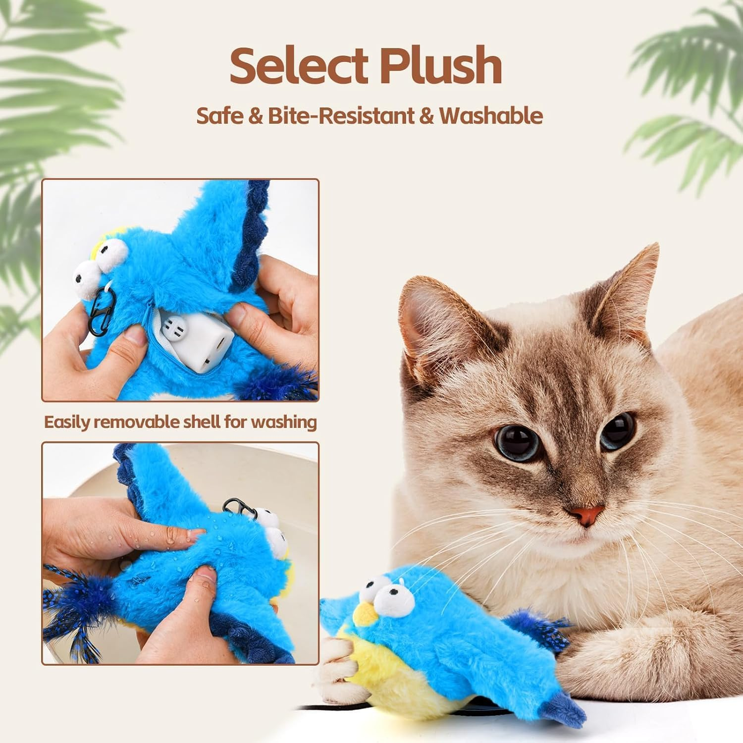 Flapping Wings Bird Catnip Toys, Vivid Chirping, Simulation Bird Interactive Cat Toy for Kitten Kitty Exercise, Fluffy Plush Toys, Touch Activated, USB-C Charging, Built-In 500Mh Battery (Bluebird) image number 4