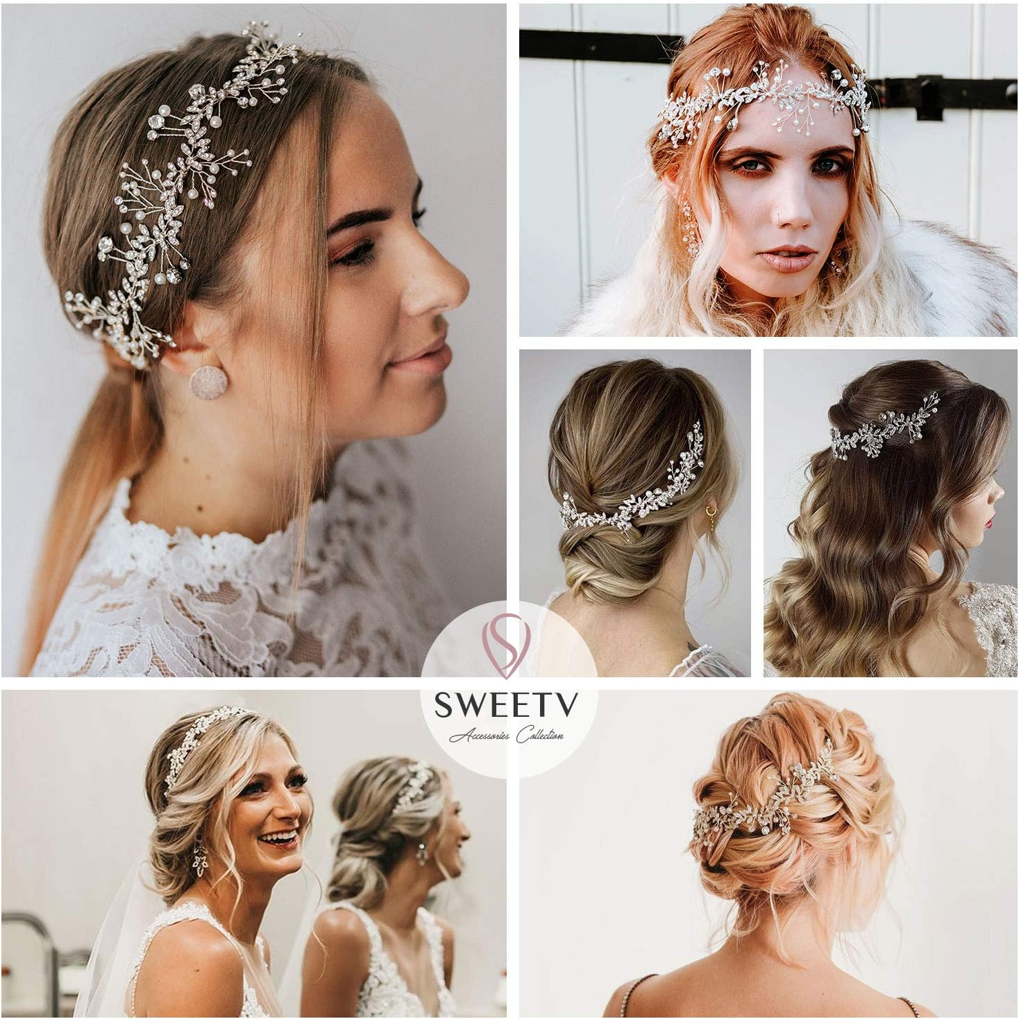 SWEETV Pearl Rhinestone Hair Vine Band Bridal Headband Tiara - Bohemian Hair Accessories, 1 Count (Pack of 1), Crystal Simulated Pearl image number 3