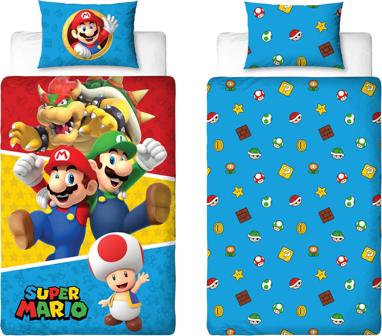 Nintendo Super Mario Official Single Duvet Cover Set, Splitter Design | Reversible 2 Sided Bedding Cover Official Merchandise Including Matching Pillow Case | Single Bed Set | Polycotton