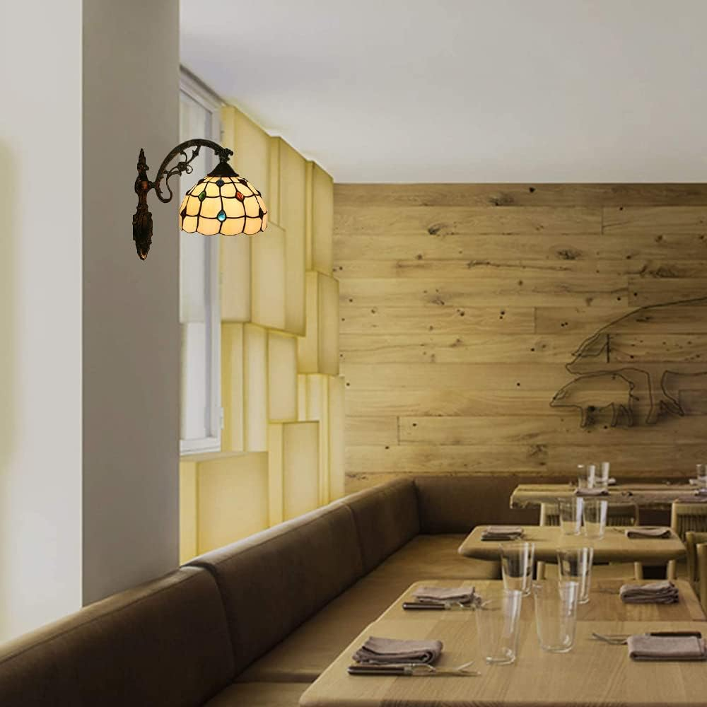 Retro Tiffany Style Wall Light, 8" Wide Rose Stained Glass Creative Multi-Colored Decorative Wall Lighting Fixtures for Living Room Bedroom Corridor Stairs,B XXZ image number 3