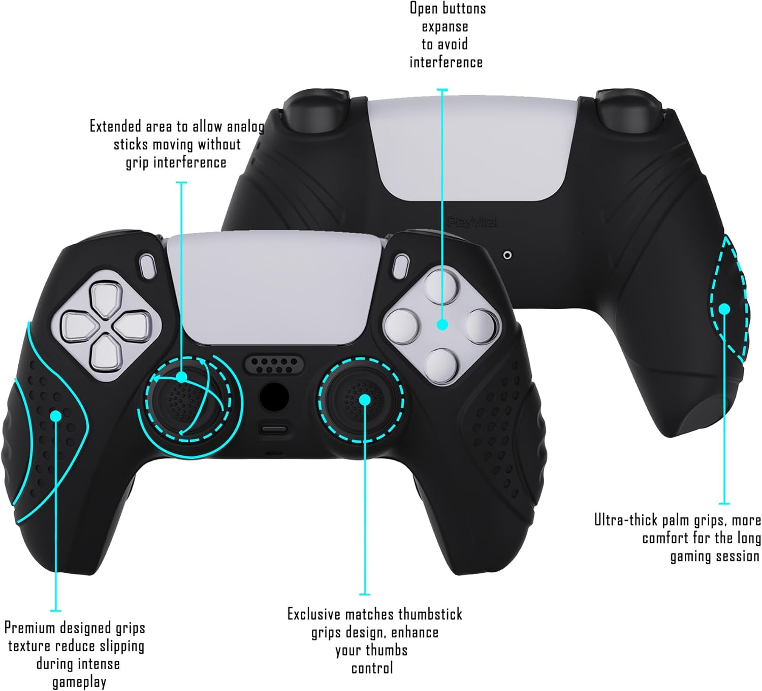 Extremerate Playvital Guardian Edition Black Ergonomic Soft Anti-Slip Controller Silicone Case Cover for Ps5, Rubber Protector Skins with Black Joystick Caps for Ps5 Controller - Blue image number 2