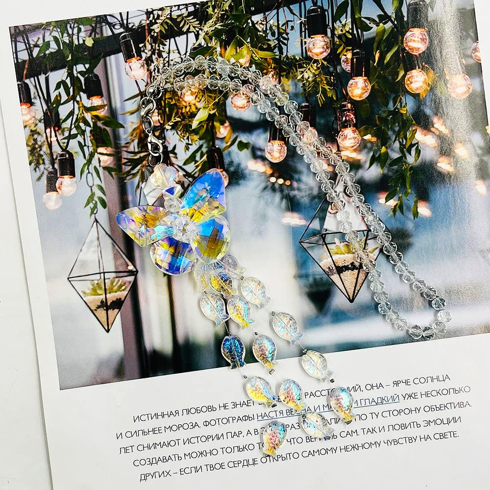 AFUNTA Crystal Butterfly Car Mirror Accessories, Rear View Charms with Colored Fish Hanging Crystals for Decoration image number 3