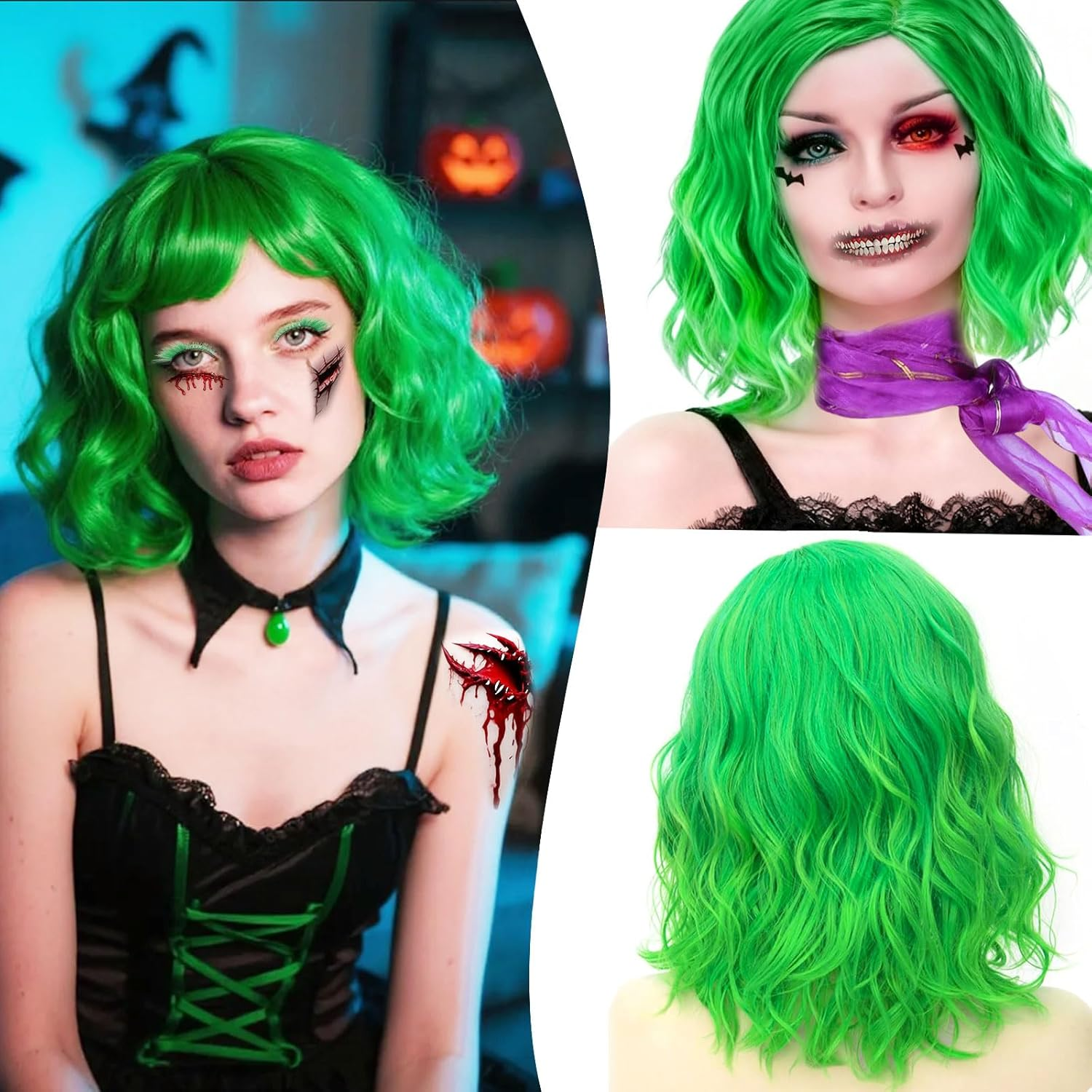 Short Green Wig, Green Wigs with Green False Eyelashes, Purple Scarf and Earrings, Women'S Green Wig Short, Disgust Anime Cosplay Wigs for Halloween Costume Carnival Theme Party image number 2