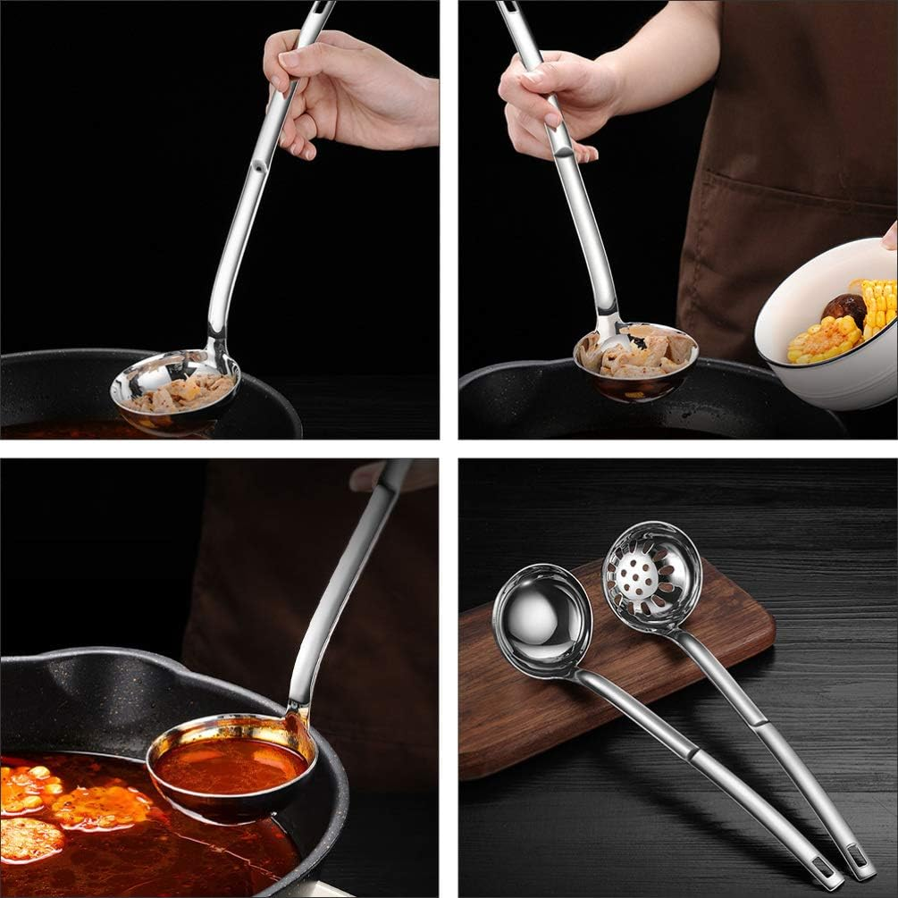 Cabilock 2Pcs Stainless Steel Handle Soup Scoop and Slotted Spoon Ergonomic Kitchen Utensils for Cooking and Serving Easy to Clean Prevents Spills Convenient Storage Hook