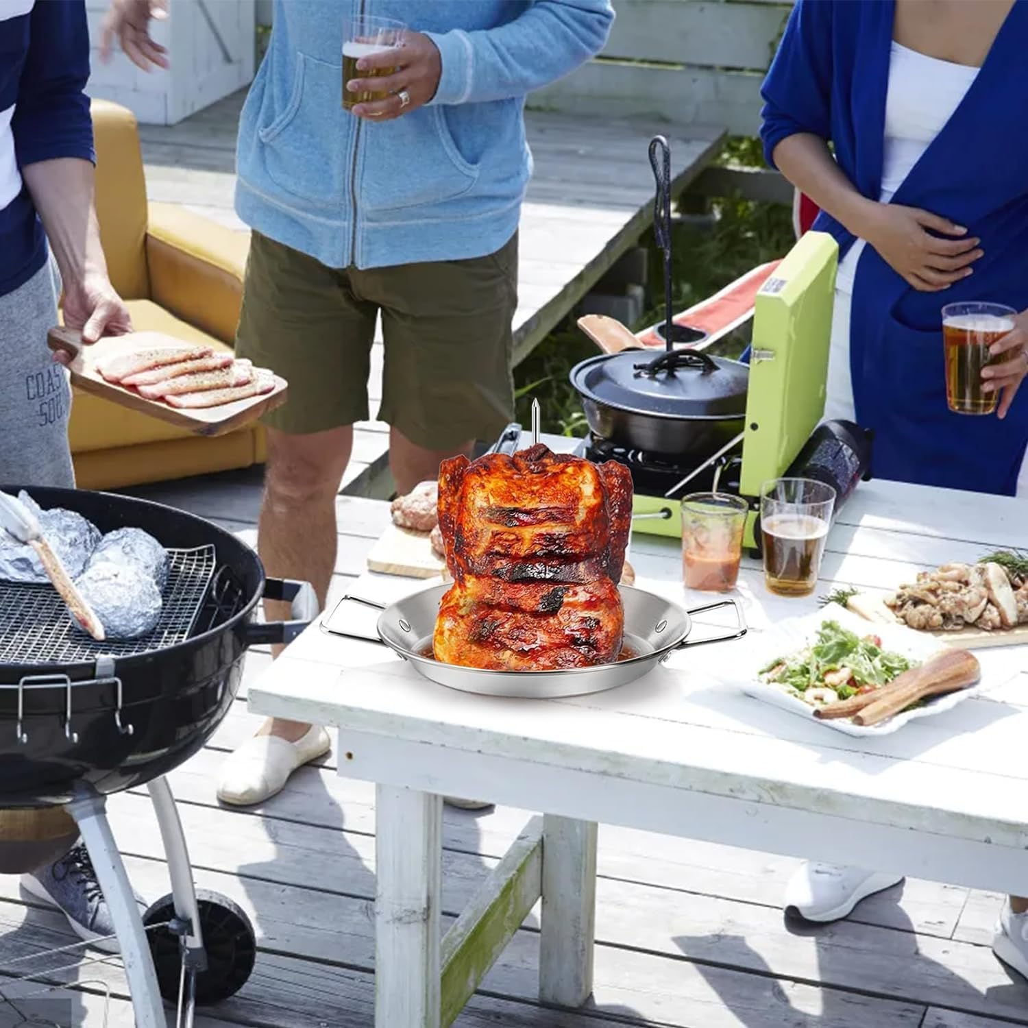 13Inch Vertical Skewer Grill Pan,Barbecue Pan,304 Stainless Steel Vertical Skewer With8/10/12Inch Roasting Sticks, with Mat,Gloves,Reusable Vertical Barbecue Rack Vertical Pans Grill for Picnic image number 3