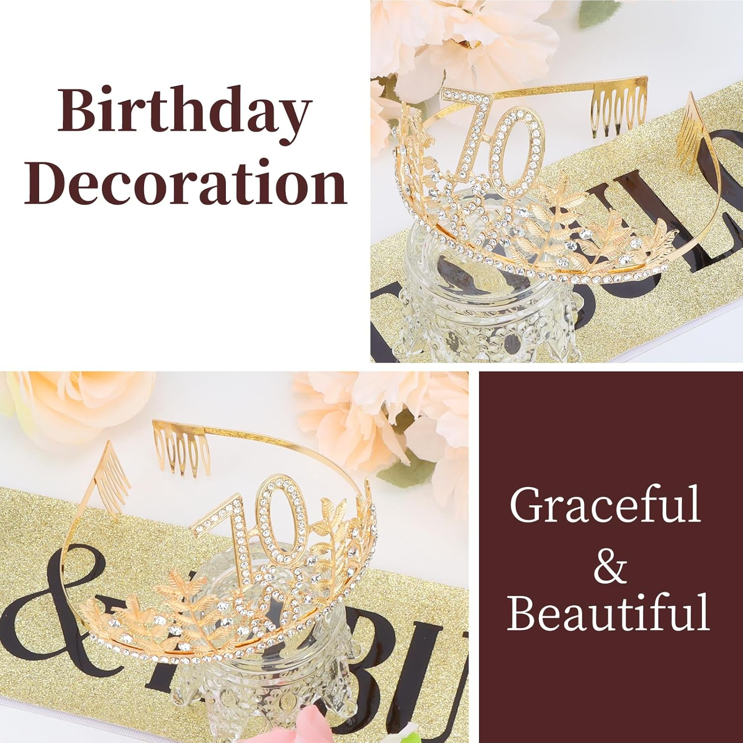 Chanaco 70Th Birthday Decorations for Women, 70 & Fabulous Sash and Crown, Gold 70 Year Old Gifts, Happy Birthday Tiara for Party Decor image number 1