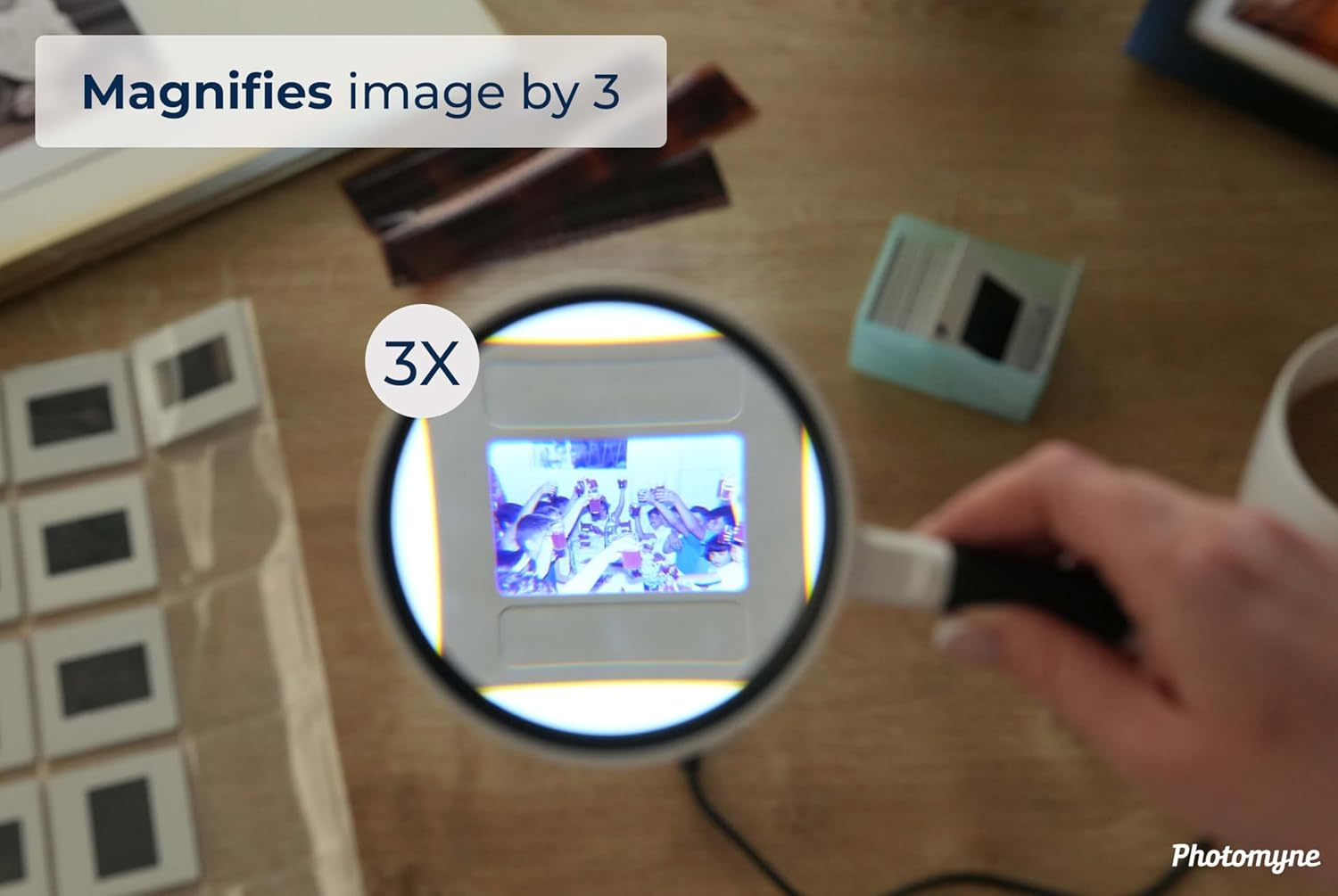 Photomyne Magnifying Glass, 3X Magnification, Perfect for Seeing Small Objects, Photos, Reading, Shatterproof Design, Crystal Clear Acrylic Glass, Portable, Comfort Grip Handle, Kids and Adults image number 4