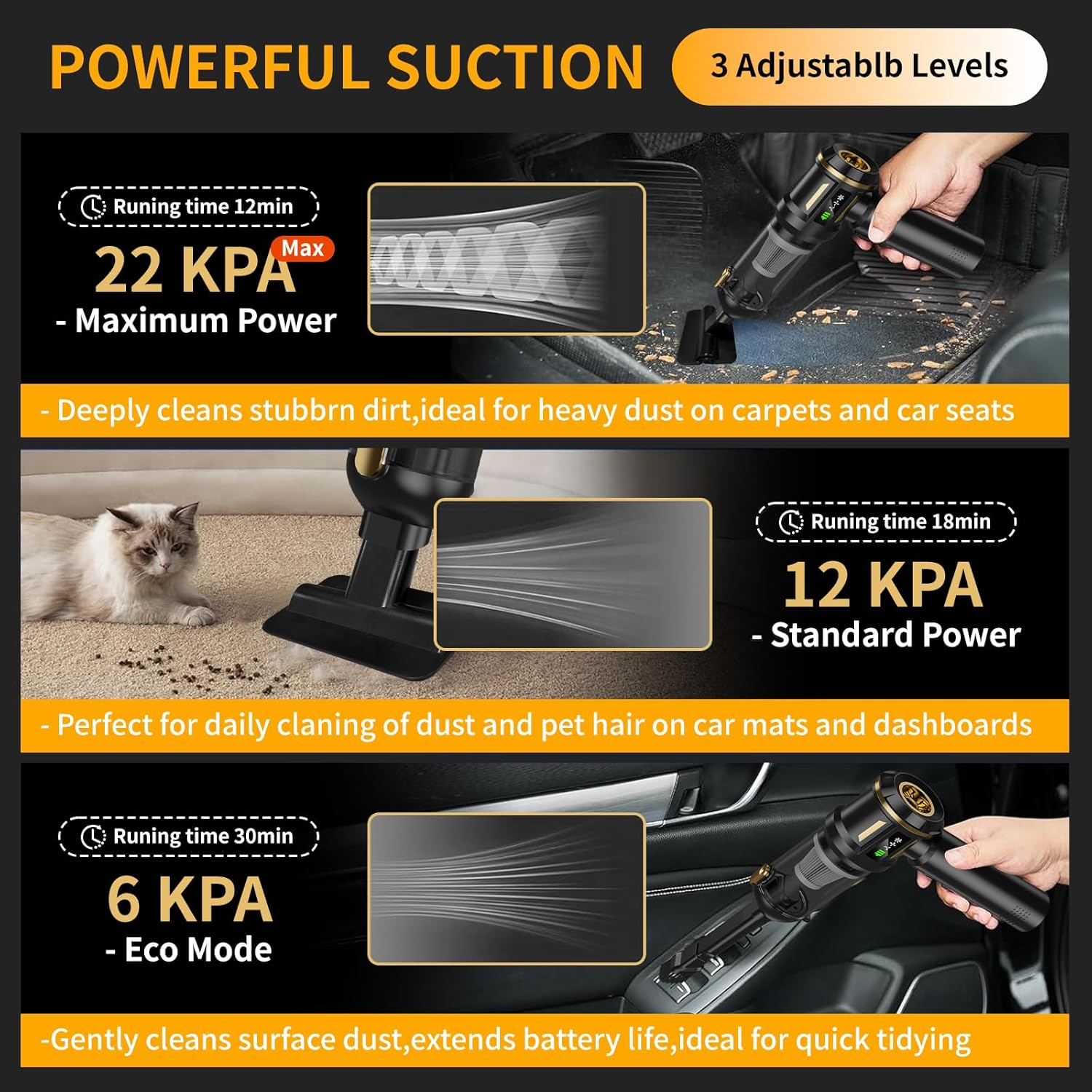 Car Vacuum Cleaner, Koreal 22000Pa Vacuum Cleaner with Brushless Motor, 4 in 1 High Power Handheld Vacuum Cleaner, Mini Vacuum with Grade Display for Home, Car, Office (Black) - Black image number 4