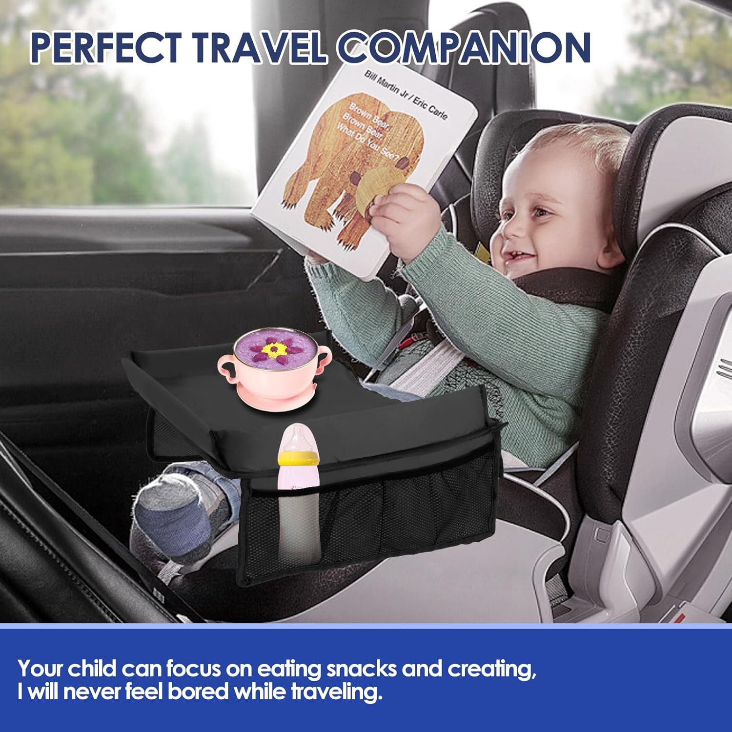 Kid Travel Tray Foldable Kid Car Tray Toddler Car Seat Tray with Adjustable Shoulder Strap and Pocket Car Lap Tray Practical Car Seat Table Tray for Kids Travel Airplane Outdoor 15.7&times;12.6&times;7.87 Inch image number 2