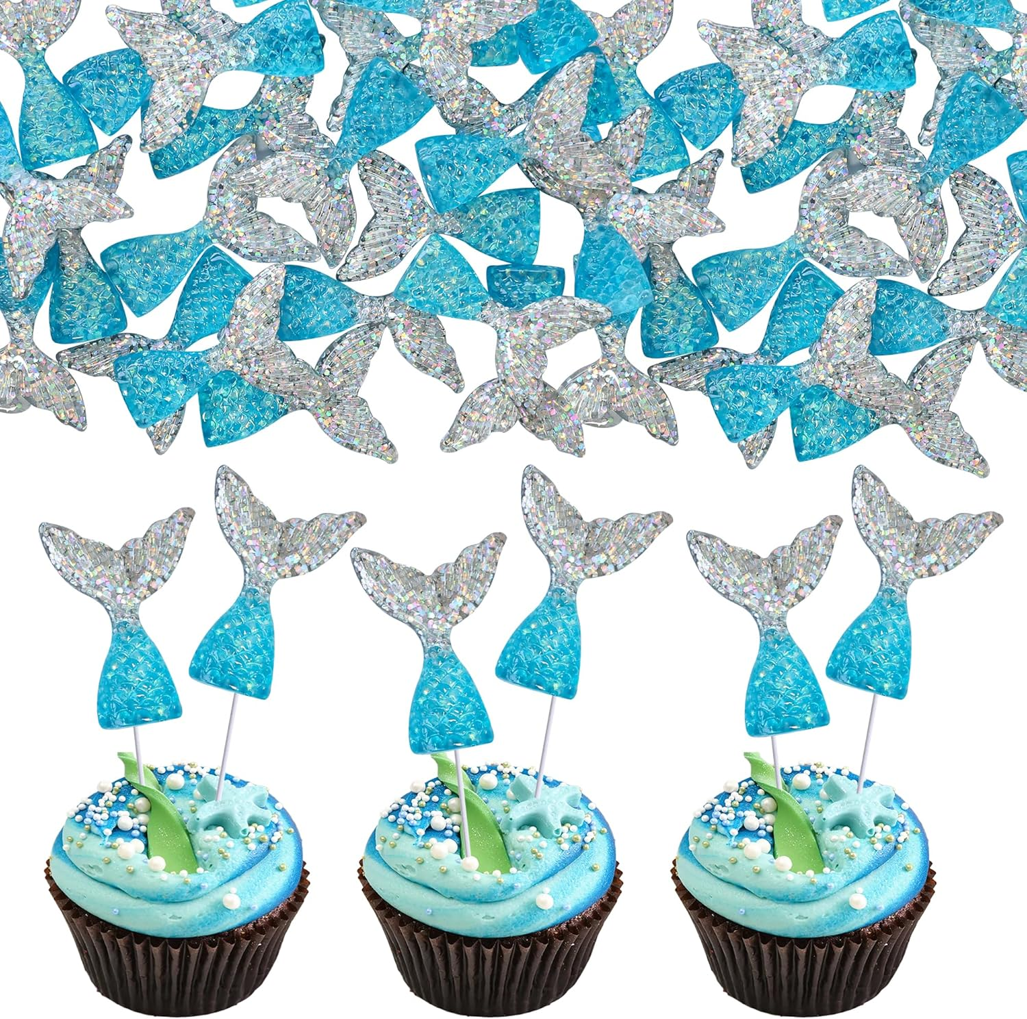 Ephlyn 24Pcs Acrylic Mermaid Tails Cupcake Toppers Mini Wrappers Mermaid Tail Figurines Cake Decorations for Mermaid Party Birthday Party Baby Shower Party Supplies Favors Blue Silver